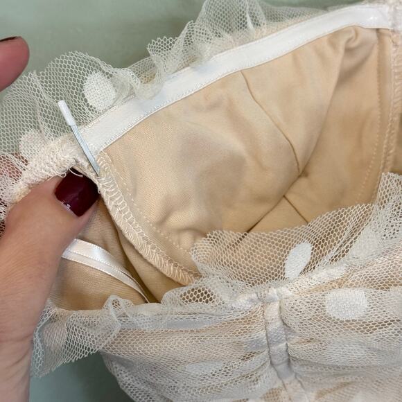 Lulus Bustier Crop Top M Beige In the Spotlight Polka Dot Mesh Ruffle Sweetheart - Picture 6 of 8